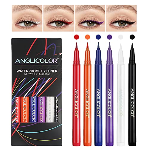 Anglicolor 6 Farben Farbige Eyeliner, Diamond Glitter Liquid Eyeshadow Langlebiger Flüssiger Eyeliner,Glitter Wasserdicht Metallic Liquid Glitter Eyeliner (Kit A) von Anglicolor