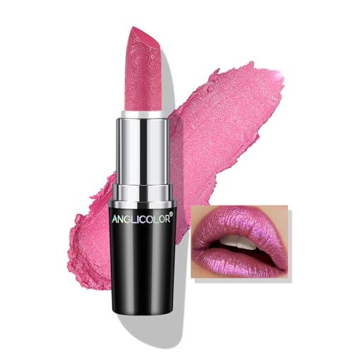 Anglicolor Glitzer Lippenstift Metallic Glänzend Glossy, Shimmer Lipstick Seidig Velvet Langanhaltend Feuchtigkeitsspendende, Vegan Lipgloss Damen Mädchen Make-up (#06 RED VIOLET, 4g) von Anglicolor