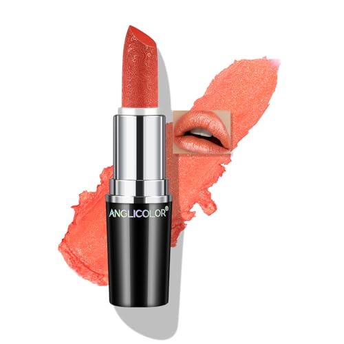 Anglicolor Glitzer Lippenstift Metallic Glänzend Glossy, Shimmer Lipstick Seidig Velvet Langanhaltend Feuchtigkeitsspendende, Vegan Lipgloss Damen Mädchen Make-up (#14 SUNRISE AT SEA, 4g) von Anglicolor
