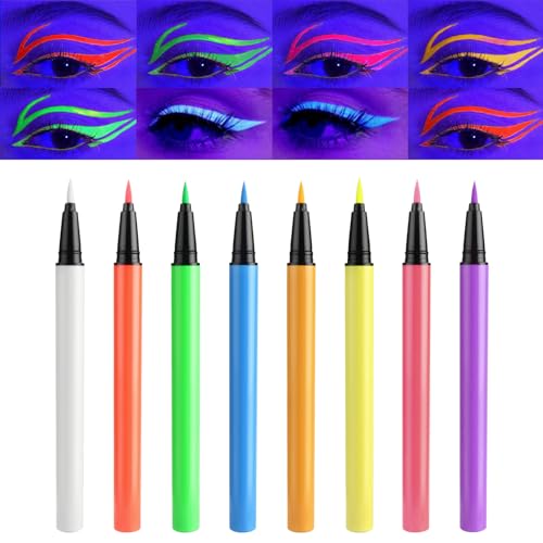 Anglicolor UV Eyeliner Set 8 Farben Wasserfest - Matte Flüssiger Eyeliner Bunt - Glühender Eyeliner Wischfest, Langanhaltend, Hohe Farbwiedergabe und Einfache Anwendung von Anglicolor