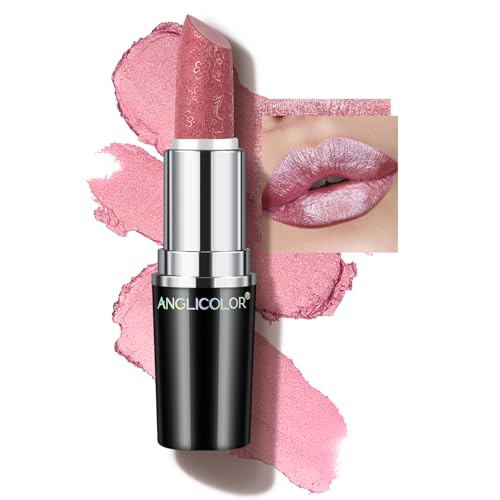 Anglicolor Glitzer Lippenstift Nude Rosa Metallic Glänzend Glossy, Shimmer Lipstick Seidig Velvet Langanhaltend Feuchtigkeitsspendende, Vegan Lipgloss Damen Mädchen Make-up (11 HIP & HIPPIE,4g) von Anglicolor