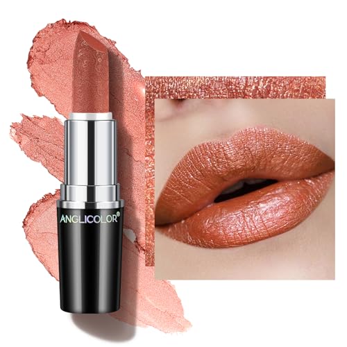 Anglicolor Glitzer Lippenstift Koralle Metallic Glänzend Glossy,Shimmer Lipstick Seidig Velvet Langanhaltend Feuchtigkeitsspendende,Vegan Lipgloss Damen Mädchen Make-up (05 BE HAPPY,4g) von Anglicolor