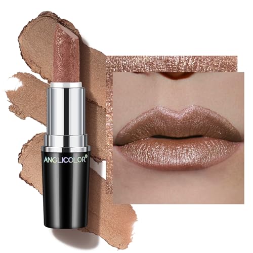 Glitzer Lippenstift Metallic Glänzend Glossy, Shimmer Lipstick Seidig Velvet Langanhaltend Feuchtigkeitsspendende, Vegan Lipgloss Damen Mädchen Make-up (#09 GUILTY PLEASURE) von Anglicolor