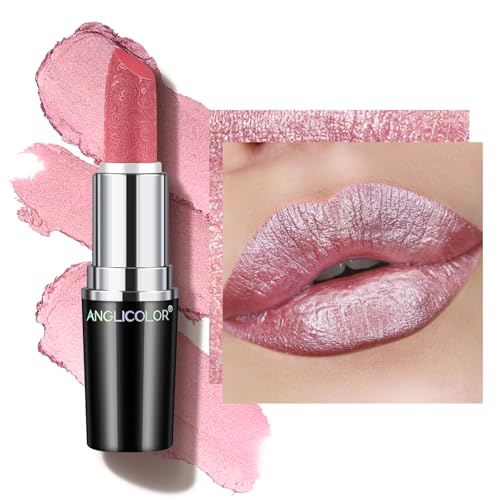 Glitzer Lippenstift Metallic Glänzend Glossy, Shimmer Lipstick Seidig Velvet Langanhaltend Feuchtigkeitsspendende, Vegan Lipgloss Damen Mädchen Make-up (#13 BABY ANGEL) von Anglicolor