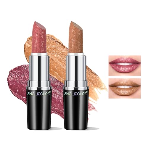 Glitzer Lippenstift Metallic Glänzend Glossy, Shimmer Lipstick Seidig Velvet Langanhaltend Feuchtigkeitsspendende, Vegan Lipgloss Damen Mädchen Make-up (01+10) von Anglicolor