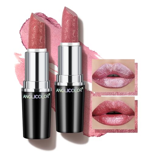 Glitzer Lippenstift Metallic Glänzend Glossy, Shimmer Lipstick Seidig Velvet Langanhaltend Feuchtigkeitsspendende, Vegan Lipgloss Damen Mädchen Make-up (01+11) von Anglicolor