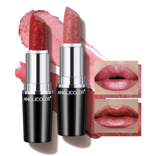 Glitzer Lippenstift Metallic Glänzend Glossy, Shimmer Lipstick Seidig Velvet Langanhaltend Feuchtigkeitsspendende, Vegan Lipgloss Damen Mädchen Make-up (01+12) von Anglicolor