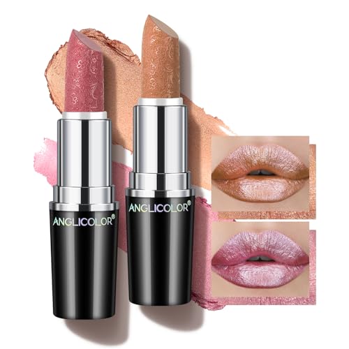 Glitzer Lippenstift Metallic Glänzend Glossy, Shimmer Lipstick Seidig Velvet Langanhaltend Feuchtigkeitsspendende, Vegan Lipgloss Damen Mädchen Make-up (10+11) von Anglicolor