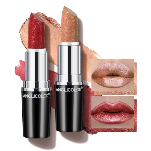 Glitzer Lippenstift Metallic Glänzend Glossy, Shimmer Lipstick Seidig Velvet Langanhaltend Feuchtigkeitsspendende, Vegan Lipgloss Damen Mädchen Make-up (10+12) von Anglicolor