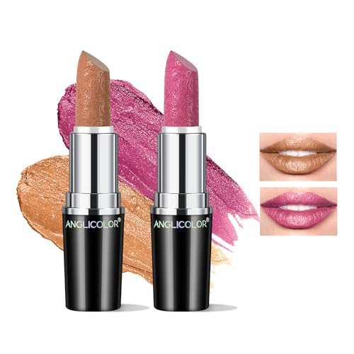 Glitzer Lippenstift Metallic Glänzend Glossy, Shimmer Lipstick Seidig Velvet Langanhaltend Feuchtigkeitsspendende, Vegan Lipgloss Damen Mädchen Make-up (10+15) von Anglicolor