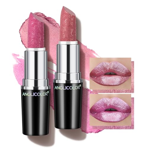 Glitzer Lippenstift Metallic Glänzend Glossy, Shimmer Lipstick Seidig Velvet Langanhaltend Feuchtigkeitsspendende, Vegan Lipgloss Damen Mädchen Make-up (11+15) von Anglicolor