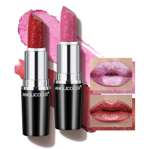 Glitzer Lippenstift Metallic Glänzend Glossy, Shimmer Lipstick Seidig Velvet Langanhaltend Feuchtigkeitsspendende, Vegan Lipgloss Damen Mädchen Make-up (12+15) von Anglicolor