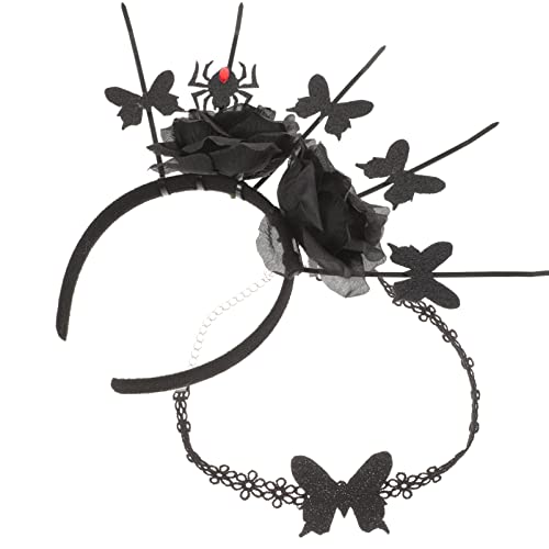 Angoily 1 Satz Dunkelrosa Spinnen-set Gothic-haarreifen Halloween- -stirnband Spinnenhalskette Rosenblütenkrone Schmetterlingshalsketten Halloween-stirnband Tuch Punk Halsband Fräulein von Angoily