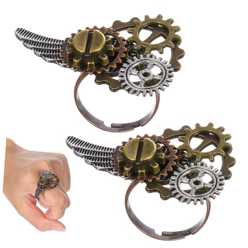 Angoily 2 STÜCK Vintage Steampunk Ring Stilvoller Flügel Zahnrad design Kreative Metallringe für Damen und Herren Langlebiger Legierungsring Modisches Schmuckgeschenk von Angoily