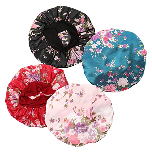 Angoily 4 Stück bedruckte Schlafmütze satin hair bonnet Satin-Haarhaube Mädchen Hut Badehut Kappen Haarhaube aus Seide Satinhaube zum Schlafen Schlafmütze für Frauen Sanft von Angoily