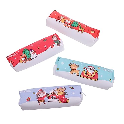 Angoily 4 Stück Kreative Weihnachts Stifttaschen aus Strapazierfähigem PU Material Buntes Design mit Glockenmädchen Weihnachtsbaum Weihnachtsmann und Bär für Schüler zur Stifteaufbewahrung von Angoily
