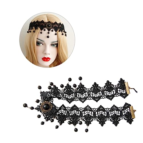 Angoily Haarband mit Quastenkette Gothic-Spitzen-Stirnband Stirn-Kopf-Kette Schwarzes, perlenbesetztes Spitzenhalsband Stirn kette für frauen kopfschmuck Halloween Kopfbedeckung Stirnkette von Angoily