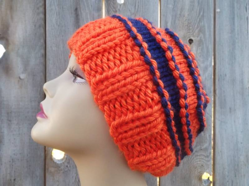 Slouchy Hand Gestrickte Mütze - Orange Und Blau Denver Broncos Chicago Bears 100% Acryl von AngoraArtDesigns