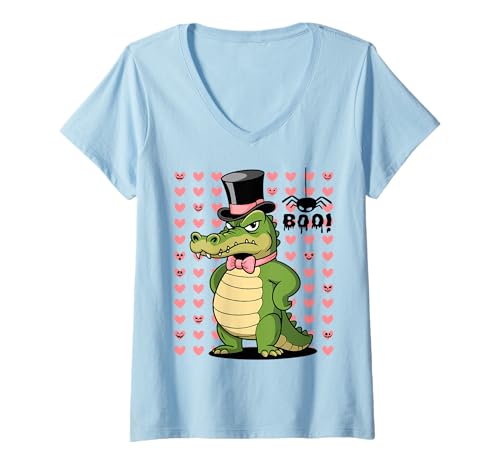 Damen Men Women Kids Groovy Retro Funny Alligator Spooky Halloween T-Shirt mit V-Ausschnitt von Angry Alligator Lovers Halloween Costume Wildlife