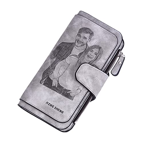 Angry Egg Boy Brieftasche Foto Personalisierte Frau Leder Geldbörse mit Text Foto, Muttertag Weihnachten Familie Freunde Stilvolle Geldbörsen Geschenke für Ehefrau Tochter Mutter(Grau) von Angry Egg Boy