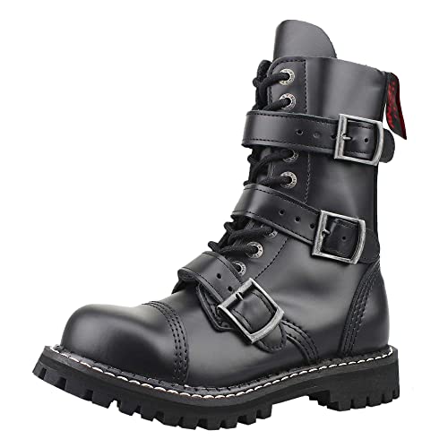 ANGRY ITCH - 10-Loch 3-Buckle Stiefel - Leder Schwarz - Größe 37 von ANGRY ITCH