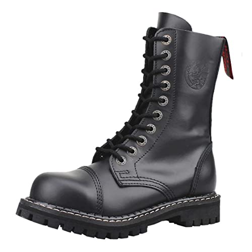 Angry Itch Kampfstiefel Unisex Herren Damen Schwarz Leder 10 Löcher Army Militärstiefel Punk Stahlkappe von Angry Itch