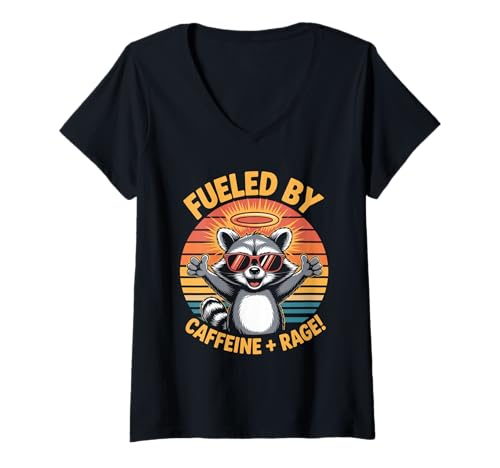 Damen Fueled by Caffeine Rage Coffee Lustiger Humor Team-Trash-Gag T-Shirt mit V-Ausschnitt von Angry Morning Racoon Energy Mood Work Colleague
