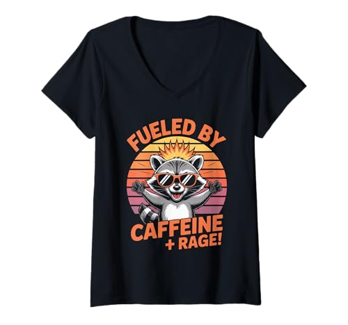 Damen Fueled by Caffeine Rage Coffee Lustiger Humor Team-Trash-Gag T-Shirt mit V-Ausschnitt von Angry Morning Racoon Energy Mood Work Colleague