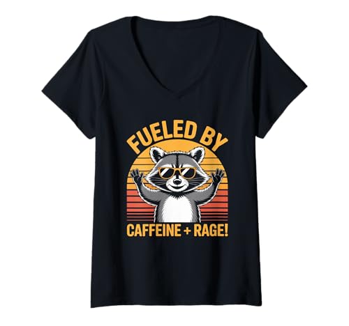 Damen Fueled by Caffeine Rage Coffee Lustiger Humor Team-Trash-Gag T-Shirt mit V-Ausschnitt von Angry Morning Racoon Energy Mood Work Colleague
