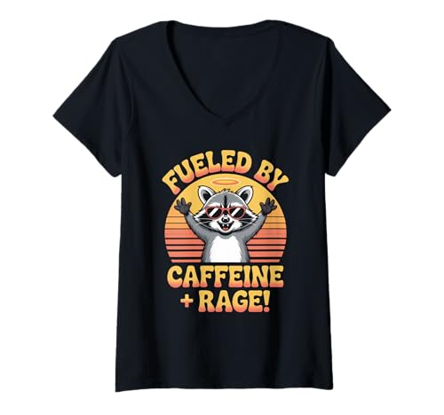 Damen Fueled by Caffeine Rage Coffee Lustiger Humor Team-Trash-Gag T-Shirt mit V-Ausschnitt von Angry Morning Racoon Energy Mood Work Colleague