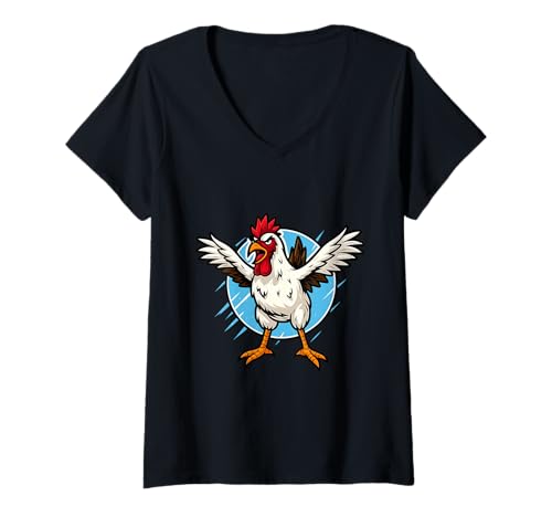 Damen Wilder Hahn mit tobenden Cartoon-Augen T-Shirt mit V-Ausschnitt von Angry chicken screaming in chaos