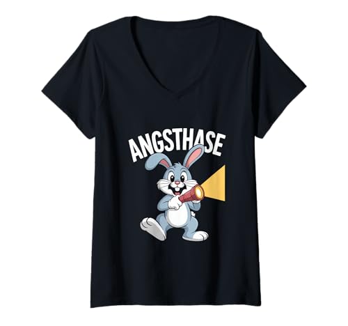 Damen Angsthase Hase Mit Taschenlampe Lustiger Spruch T-Shirt mit V-Ausschnitt von Angsthase Lustiger Hase Spruch Cartoon Humor