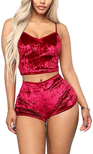 Angsuttc Damen Samt 2-teiliges Outfit Spaghettiträger ärmelloses Crop Top + Shorts Set, 1&rot, X-Small von Angsuttc