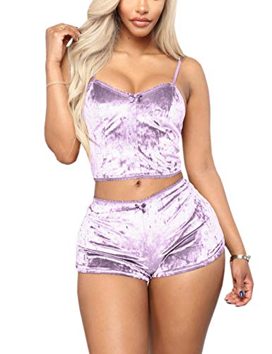 Angsuttc Damen Samt 2-teiliges Outfit Spaghettiträger ärmelloses Crop Top + Shorts Set, Lavendel, S von Angsuttc