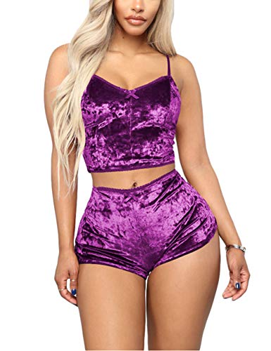 Angsuttc Damen Samt 2-teiliges Outfit Spaghettiträger ärmelloses Crop Top + Shorts Set, Violett, XS von Angsuttc