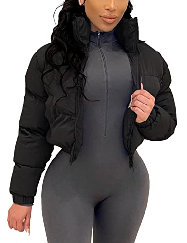 Angsuttc Puffer Jacket Damen Cropped Zip Up Wattierung Warm Steppjacken Wintermäntel, A-Schwarz, Medium von Angsuttc