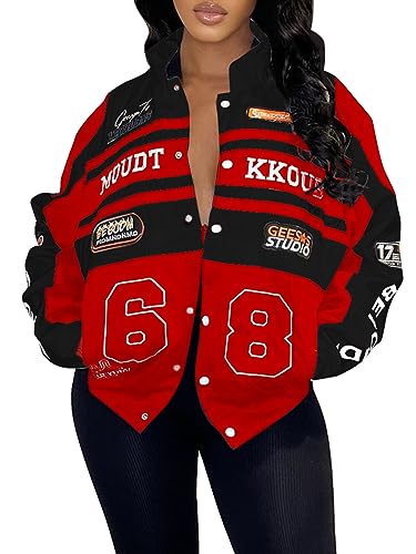 Angsuttc Varsity Jacke Frauen Motorrad Abnehmbare Brief Grafik Racer Jacken Vintage Colorblock Baseball Mäntel Streetwear, Rot/Ausflug, einfarbig (Getaway Solids), M von Angsuttc