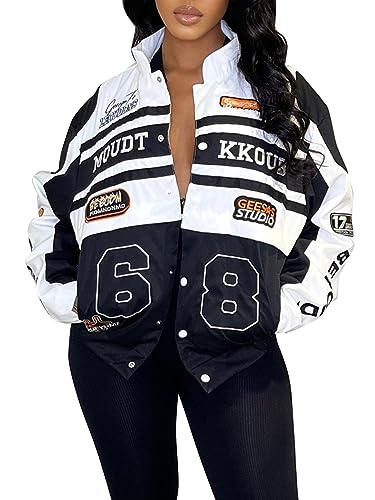 Angsuttc Varsity Motorradjacke für Damen, abnehmbare Buchstaben, Grafik, Racerjacke, Vintage, Farbblock, Baseball, Straßenmäntel, Schwarz, Medium von Angsuttc