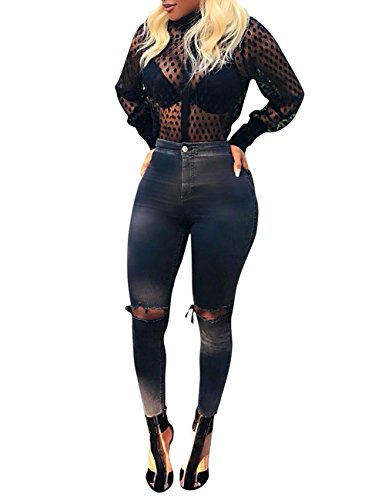 Damen Button Down Hemd Polka Dots Sheer Durchsichtig Langarm Bluse - Schwarz - Groß von Angsuttc