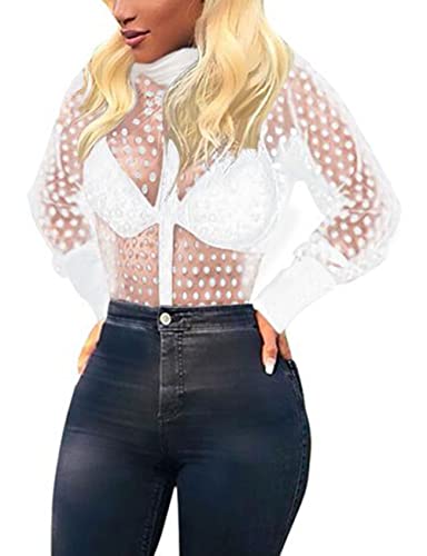 Damenbluse mit Knopfleiste, gepunktet, durchsichtig, langärmelig, Cremeweiß, Klein von Angsuttc