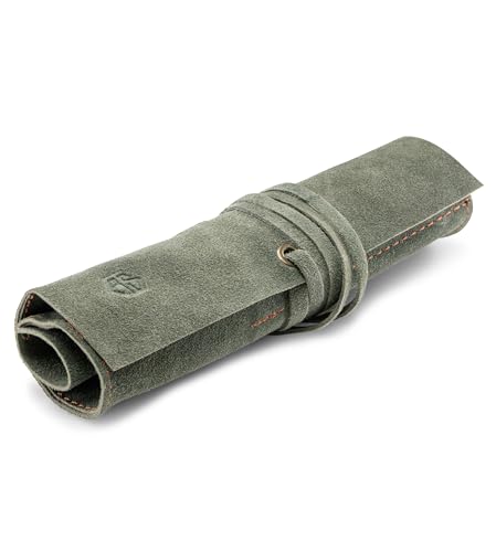 Angus Stoke Leder-Rolltasche für Stifte, Pinsel und Accessoires – Federtasche aus Leder – Handmade Stiftrolle Leonardo (Olive-Grün) von Angus Stoke