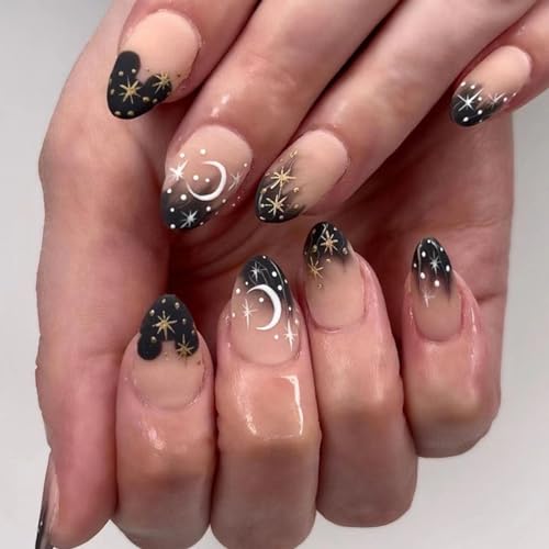 Angwis 24 Stück kurze ovale falsche Nägel French Tip Stick on Nails Matte Black Edge Press on Nails White Moon Gold Star Abnehmbare Nägel zum Aufkleben Acryl Full Cover Fake Nails Set Frauen Nail Art von Angwis