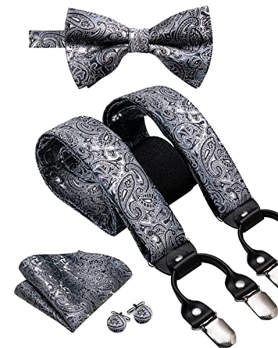 Angxiong Hosenträger Suspender Seide Herren Hosenträger Set Goldblumen 6 Clips Vintage Verstellbar Für Herren Hosenträger Fliege Manschettenknöpfe Y Rückengurte Bdtz-3063 von Angxiong