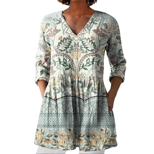 Bluse Damen Elegant V-Ausschnitt 3/4 Ärmel Tunika Langshirt Kurz Blusenkleid Blumenmuster Damenblusen Hemdbluse Top Oberteile Blusen Longshirt Meine Bestellungen von Angxiwan