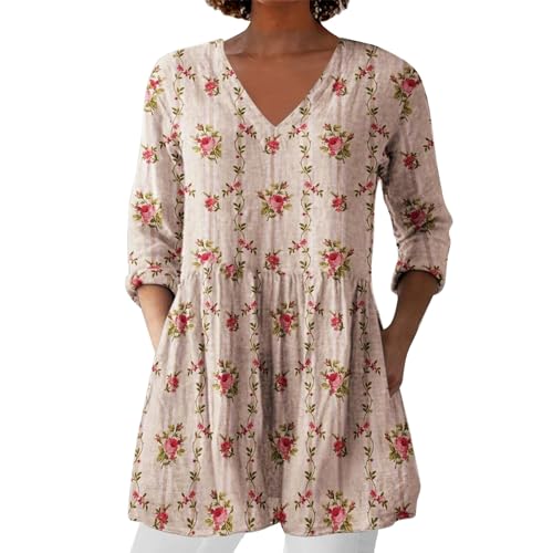 Bluse Damen Elegant V-Ausschnitt 3/4 Ärmel Tunika Langshirt Kurz Blusenkleid Blumenmuster Damenblusen Hemdbluse Top Oberteile Blusen Longshirt Oberteile Damen of Sale von Angxiwan