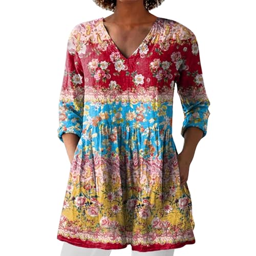 Bluse Damen Elegant V-Ausschnitt 3/4 Ärmel Tunika Langshirt Kurz Blusenkleid Blumenmuster Damenblusen Hemdbluse Top Oberteile Blusen Longshirt Oberteile Damen of Sale von Angxiwan