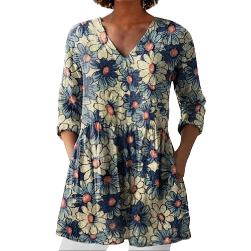 Bluse Damen Elegant V-Ausschnitt 3/4 Ärmel Tunika Langshirt Kurz Blusenkleid Blumenmuster Damenblusen Hemdbluse Top Oberteile Blusen Longshirt Sale of Damen Oberteile 50% von Angxiwan