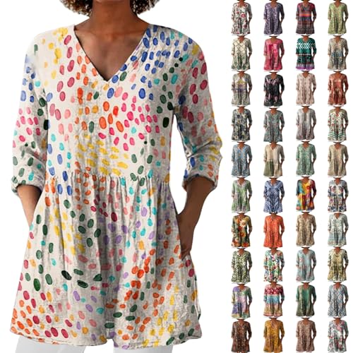 Bluse Damen Elegant V-Ausschnitt 3/4 Ärmel Tunika Langshirt Kurz Blusenkleid Blumenmuster Damenblusen Hemdbluse Top Oberteile Blusen Longshirt Sale of Damen Oberteile Long von Angxiwan