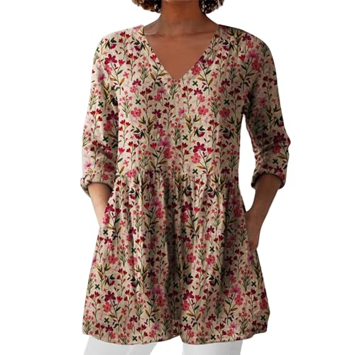 Bluse Damen Elegant V-Ausschnitt 3/4 Ärmel Tunika Langshirt Kurz Blusenkleid Blumenmuster Damenblusen Hemdbluse Top Oberteile Blusen Longshirt Sommer Als Ich SchöN Wurde von Angxiwan