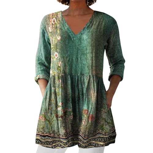 Bluse Damen Elegant V-Ausschnitt 3/4 Ärmel Tunika Langshirt Kurz Blusenkleid Blumenmuster Damenblusen Hemdbluse Top Oberteile Blusen Longshirt Sommerkleider Damen Leicht Und Luftig von Angxiwan